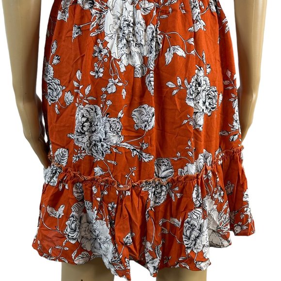 Women Boho Dress Medium M Orange White Floral Hem Ruffled Backless Elastic Waist - Picture 11 of 16